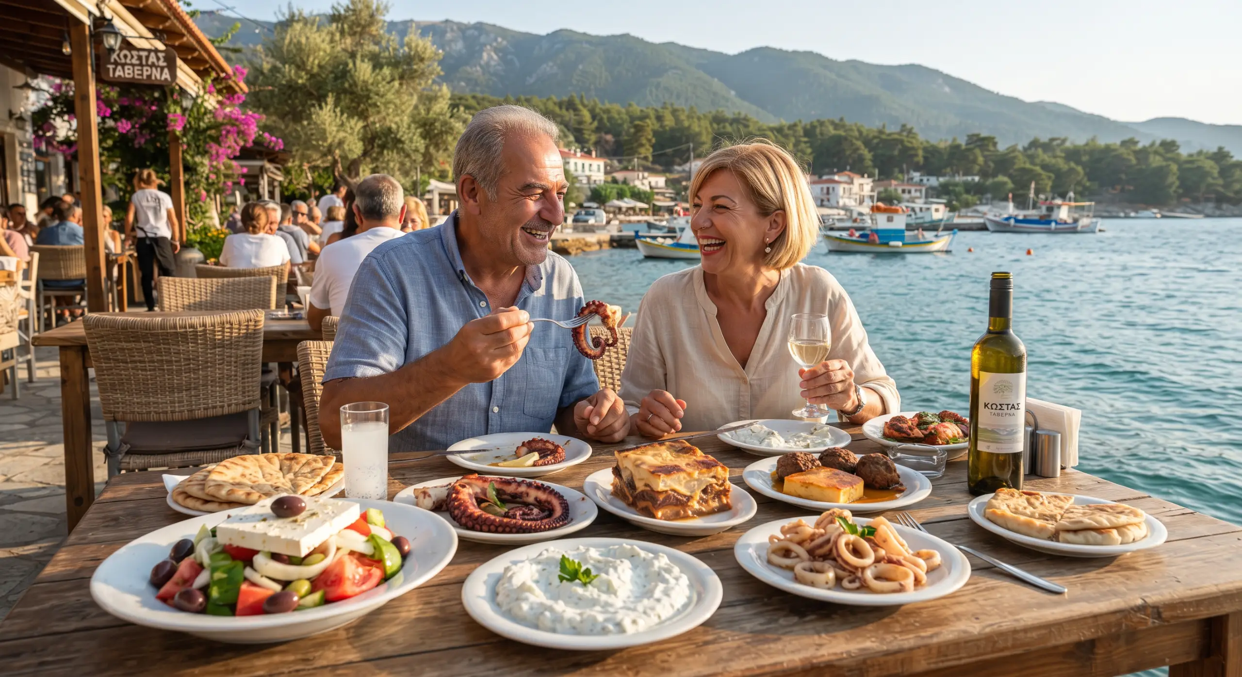 Imagine cu o masă plină de preparate traditionale grecești - cat costa mancarea in Thasos la taverna