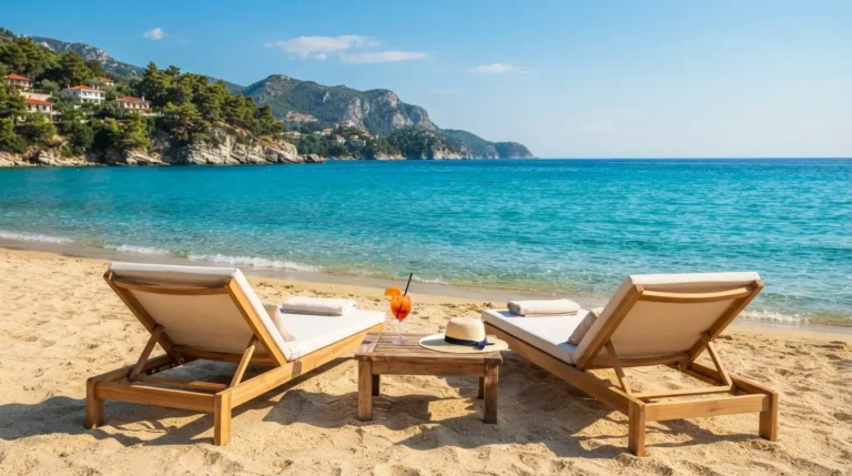 Doua șezlonguri la plajă - Cat costa sezlongurile in Thasos